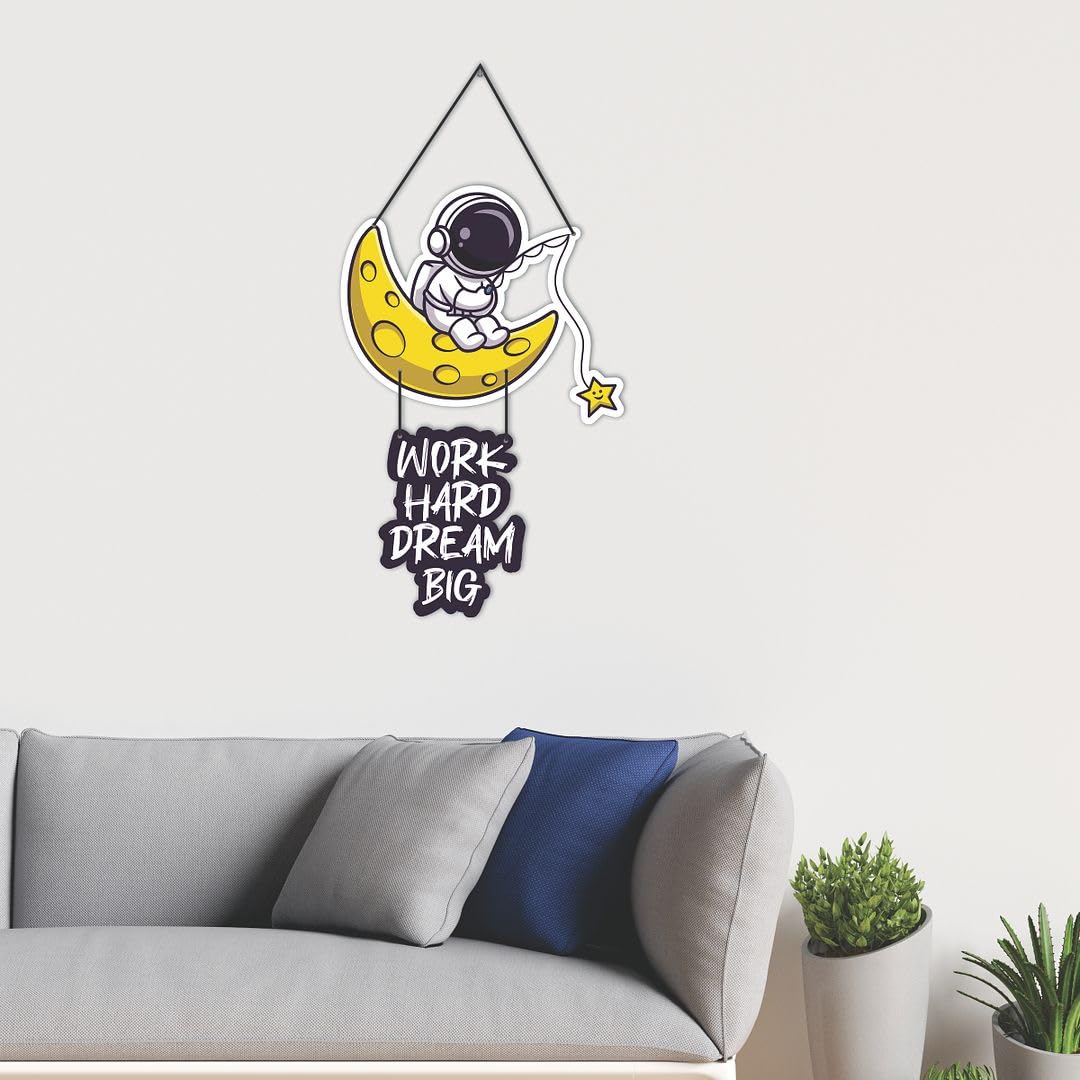 Cvanu Work Hard Dream Big & Little Astronaut Space Theme Wooden Wall Hanging Board For Wall Decoration (23Inchx11.8Inch)_S283